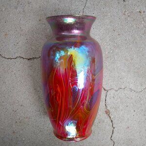 Stunning Art Deco Bohemian Furnace Decorated Iridescent Layered Ribbon Glass Vas